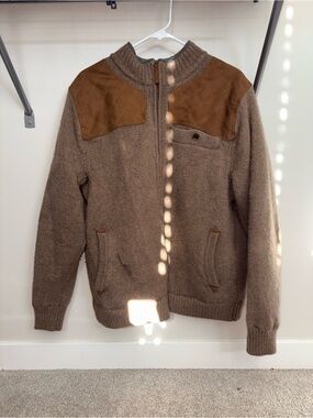 Duluth Trading Co Brown Zip-Up Sweater with Tan Shoulder Patches
